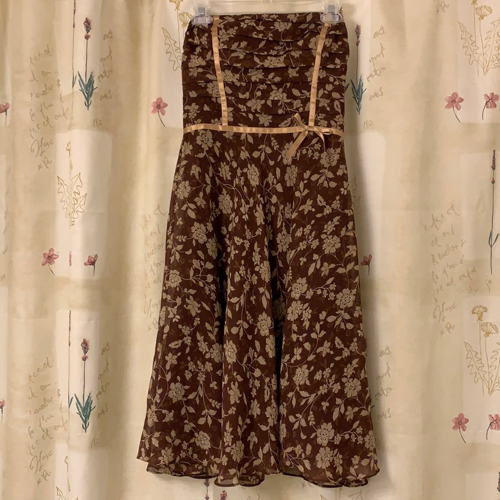 Strapless Brown with Gold Floral Accent Dress